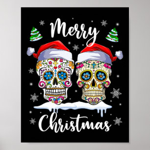 Poster Joyeux Noël Sugar Crâne Santa Chapeau Famille Noël