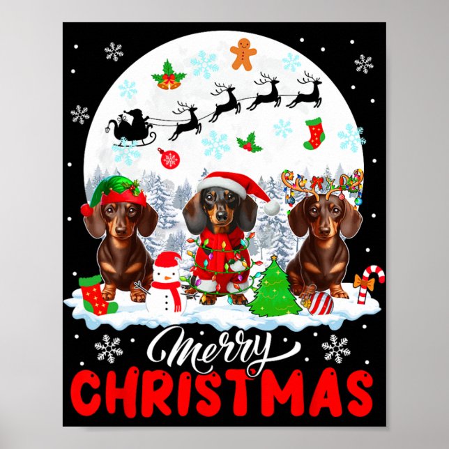 Poster Joyeux Noël trois Père Noël Elf Reindeer Dachshund (Devant)