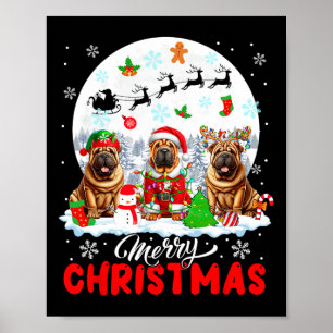 Poster Joyeux Noël Trois Père Noël Elf Reindeer Shar Peis