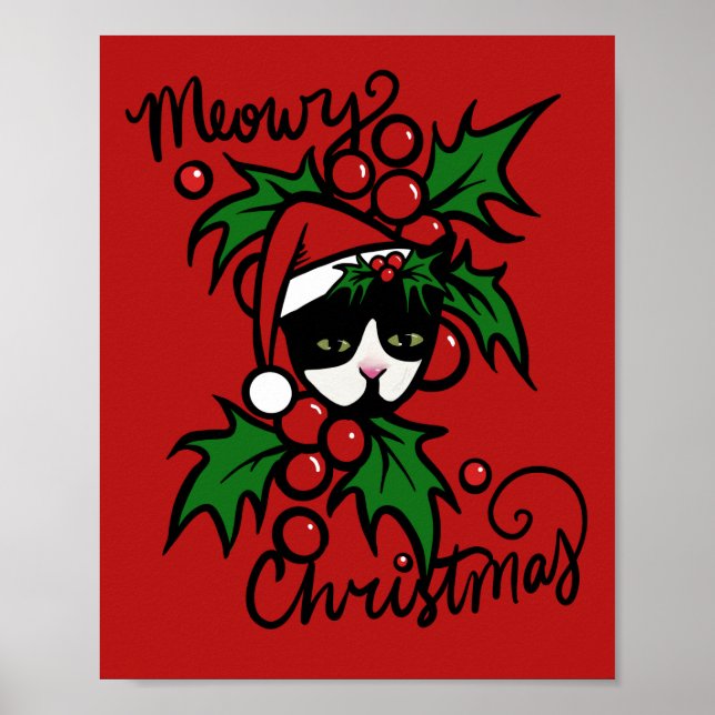 Poster Joyeux Noël Tuxedo Chat (Devant)