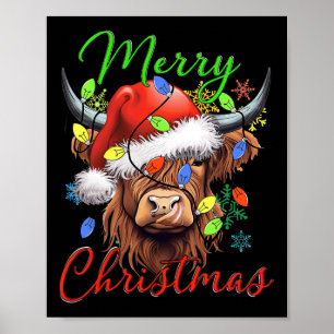 Poster Joyeux Noël Vache Highland Ouest Santa Hat Xma