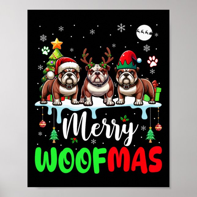 Poster Joyeux Noël Woit Trois Père Noël Reindeer Elf Bull (Devant)