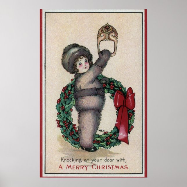 Poster Joyeux NoëlKid Knocke avec une couronne (Devant)