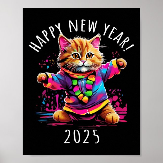 Poster Joyeux Nouvel An 2025 Fête Danser Design Chat (Devant)