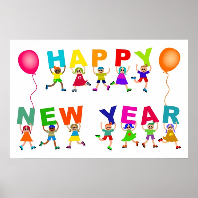 Poster Joyeux Nouvel An Caricature Divers Enfants Texte (Devant)
