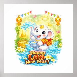 Poster Joyeux Nouvel An lao – Douce éléphant blanc Pi Mai