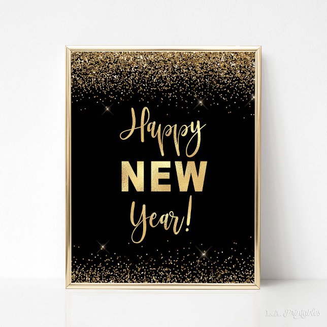 Poster Joyeux Nouvel An Parties scintillant Noire & Or si (Happy New Year Party Sign, Black & Gold Glitter Confetti Theme)