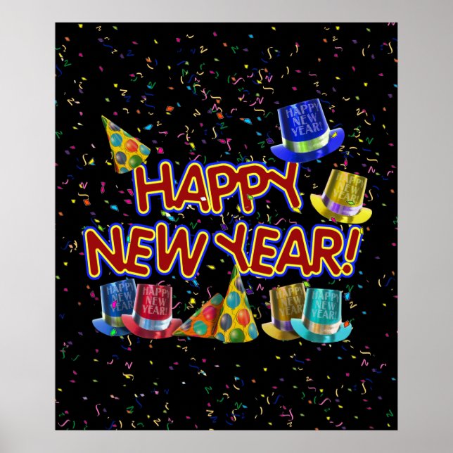 Poster Joyeux Nouvel An Texte avec Casquettes de fête et  (Devant)