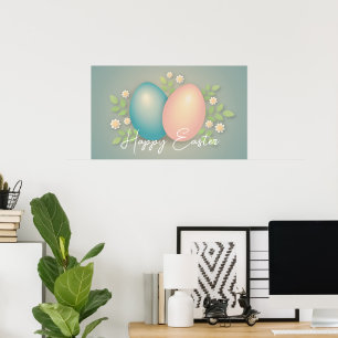 Poster Joyeux oeufs de Pâques et fleurs de printemps bleu
