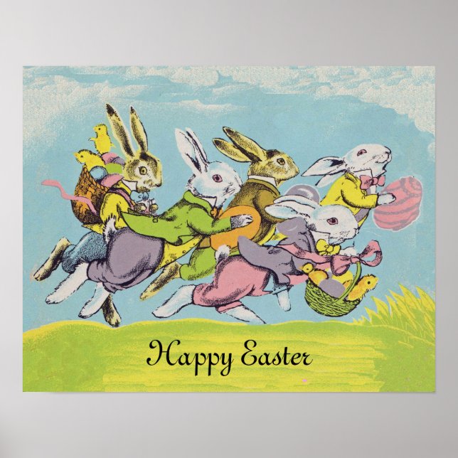 Poster Joyeux Pastel de Pâques Courir des lapins (Devant)