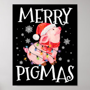 Poster Joyeux Pigmas Drôle Cochon Feux Noël Lumières Arbr