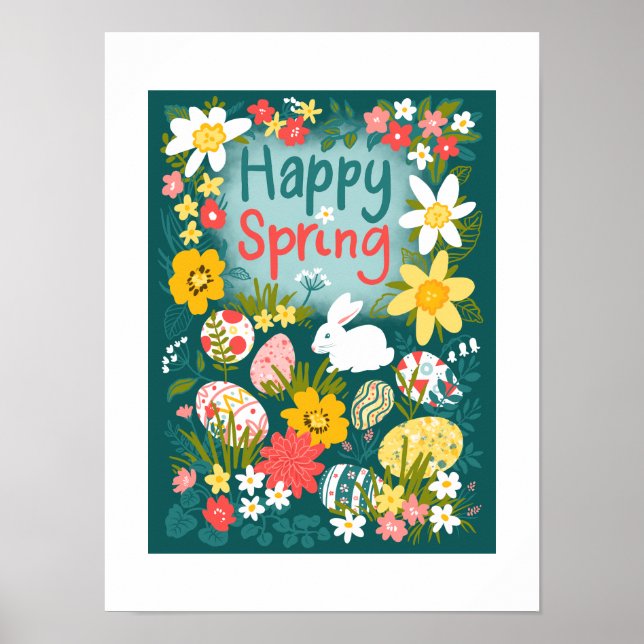 Poster Joyeux printemps Pâques chasse aux oeufs champ de  (Devant)