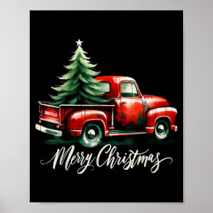 Poster Joyeux sapin de Noël sur Camion Rouge Famille Vint