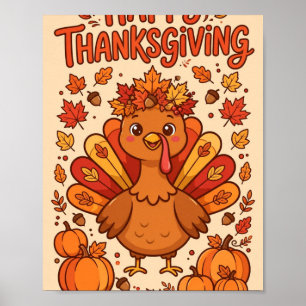 Poster Joyeux Thanksgiving — Dinde de dessin animé mignon
