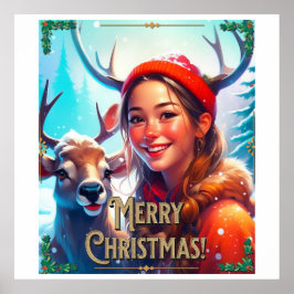 POSTER JOYEZ NOËL REINDEER AVEC HEUREUSE FILLE
