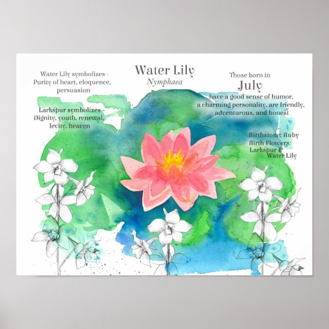 Poster Juillet Anniversaire Nénuphar Larkspur Pond Fleurs (Devant)