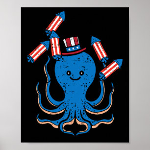 Poster Juillet Octopus Fête de l'Indépendance Amérique Fe