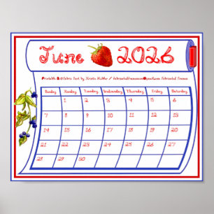 Poster Juin 2026 Fraise Myrtille Tissu Police de caractèr