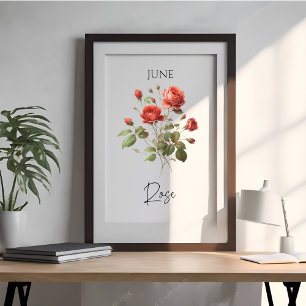 Poster Juin Mois de naissance Rose Floral