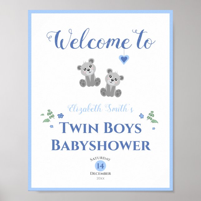 Poster Jumeaux jumeaux ours baby shower de bienvenue (Devant)
