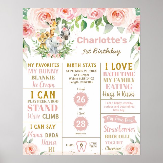 Poster Jungle Animaux 1er Anniversaire Jalon Statistiques (Devant)