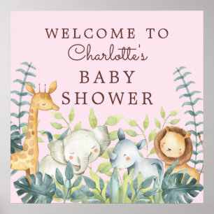 Poster Jungle Animaux Filles Baby shower Bienvenue