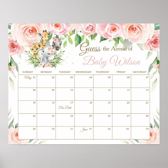 Poster Jungle Animaux Floral Guess Baby's Arrival Game (Devant)