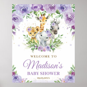 Poster Jungle Animaux Safari Purple Floral Baby Welcome