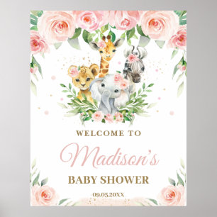 Poster Jungle Animaux Safari Rose Floral Baby Welcome