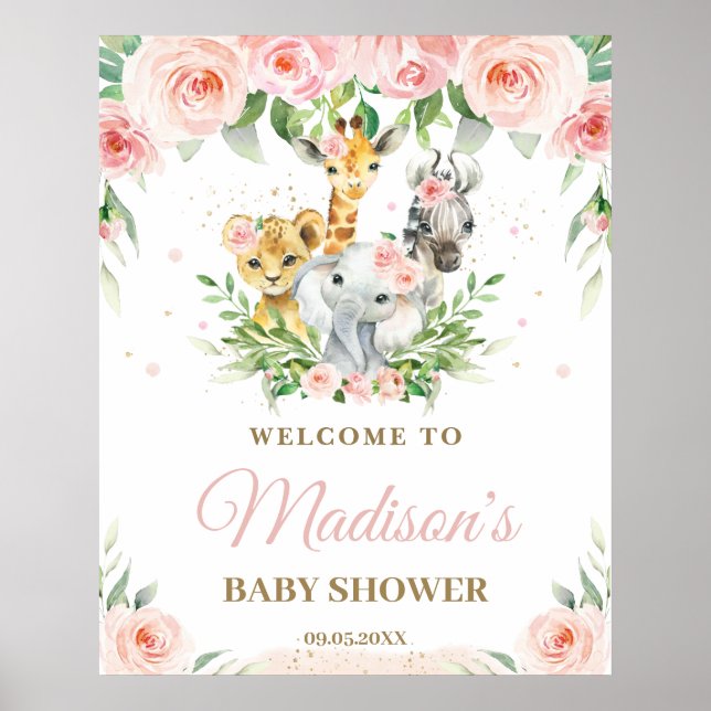 Poster Jungle Animaux Safari Rose Floral Baby Welcome (Devant)