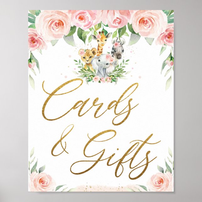 Poster Jungle Animaux Safari Rose Floral Cartes et Cadeau (Devant)