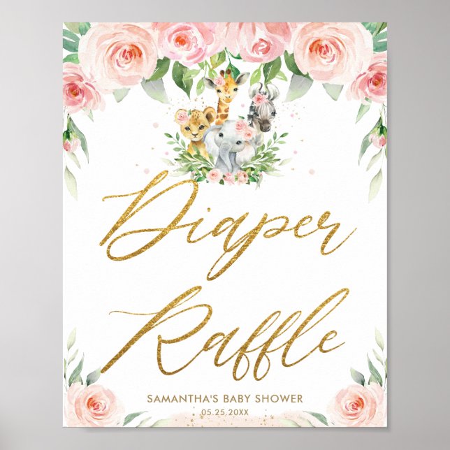 Poster Jungle Animaux Safari Rose floral Déchets Raffle (Devant)