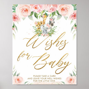 Poster Jungle Animaux Safari Rose Floral Voeux pour bébé