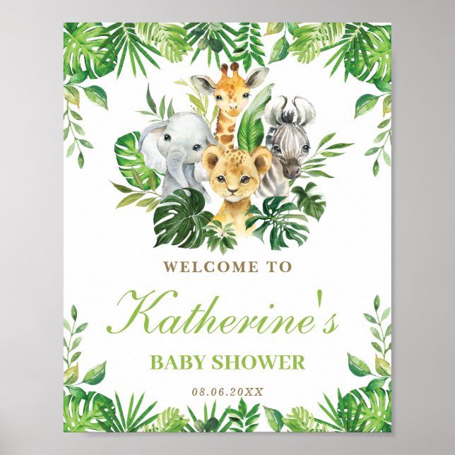 Poster Jungle Animaux Végétation Baby shower Garçon Bienv (Devant)