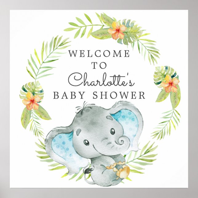 Poster Jungle Boy Elephant Baby shower Bienvenue (Devant)