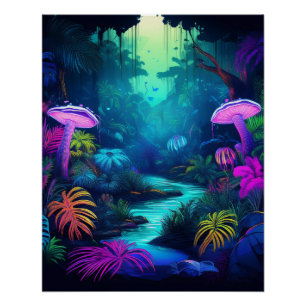 Poster Jungle de néon avec champignons et Plantes