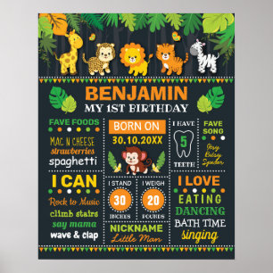 Poster Jungle Safari Boy Stats de naissance Anniversaire 