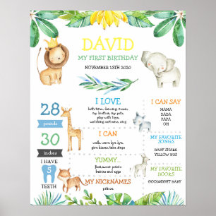 Poster Jungle Safari Garçon Premier anniversaire Jalon