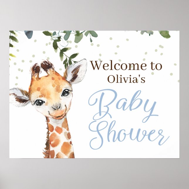Poster Jungle Safari Giraffe Baby shower d'accueil bleu (Devant)