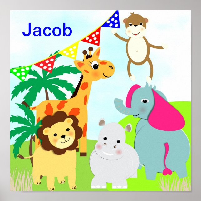 Poster Jungle Safari mignon Animaux Personnalisés (Devant)