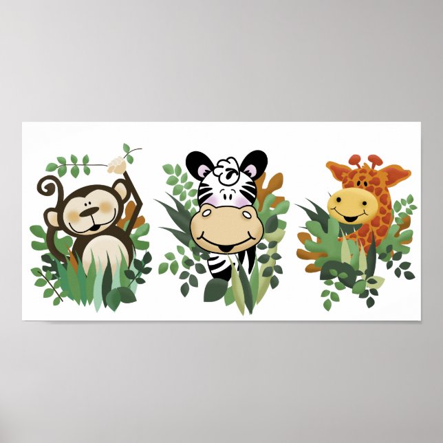 POSTER JUNGLE SAFARI MONKEY, ZEBRA & GIRAFFE ART (Devant)