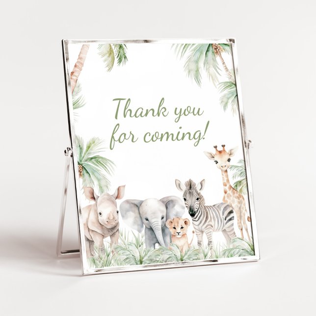 Poster Jungle Safari sauvage un Merci animal pour venir (Jungle Safari Animals Wild One Baby Shower Thank you for Coming Sign)