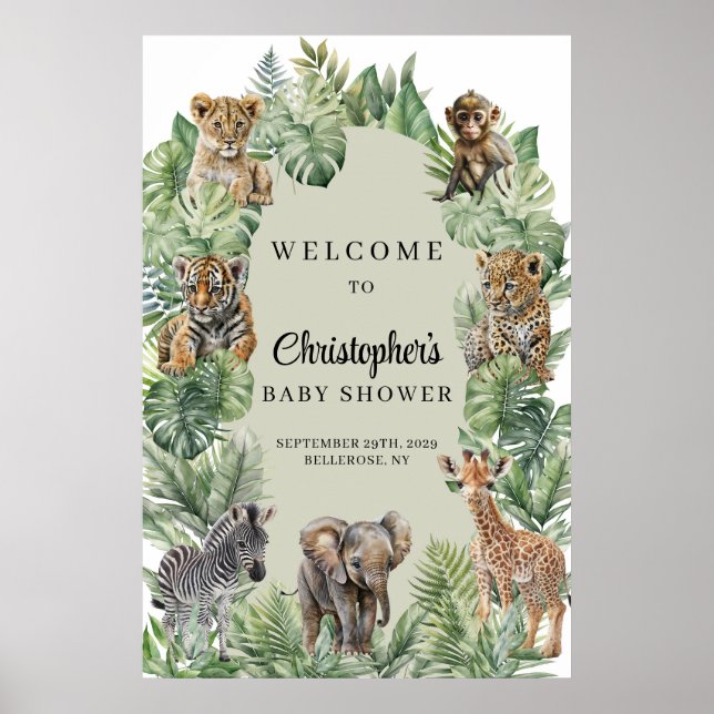 Poster Jungle tropicale Safari Animaux Baby shower Bienve (Devant)