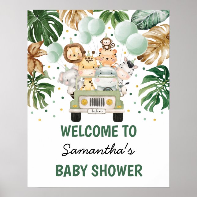 Poster Jungle tropicale Safari Animaux Verdure Bienvenue (Devant)