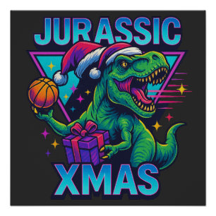Poster Jurassic Xmas T-Rex - Rétro Néon Dinosaure Noël de