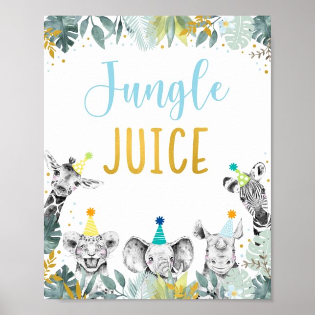 Poster Jus de Jungle Blue Gold Party Animal Anniversaire (Devant)