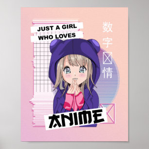 Poster Just Girl Who Loves Anime - Kawaii Vaporwave 