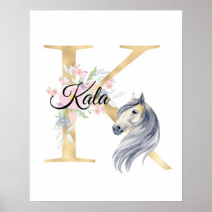 Poster K lettre nom personnalisé monogramme avec cheval