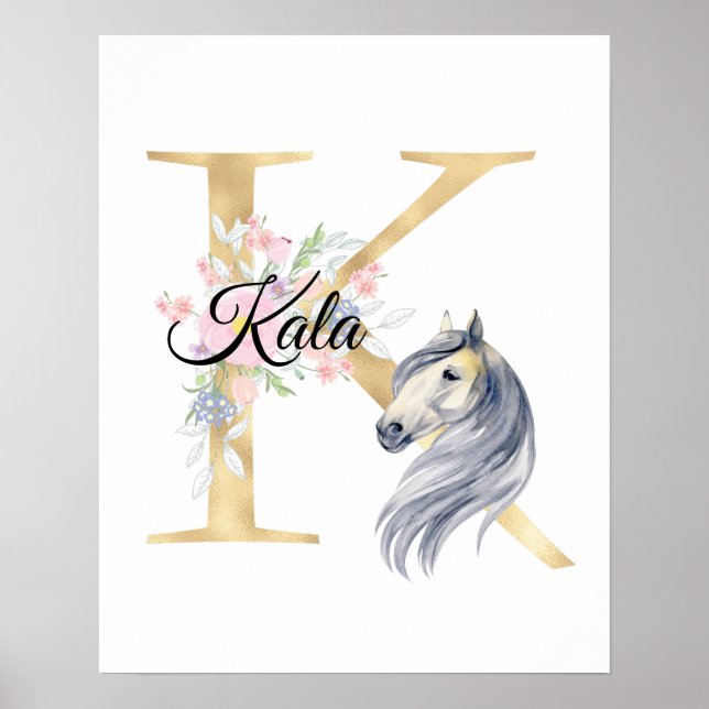 Poster K lettre nom personnalisé monogramme avec cheval (Devant)