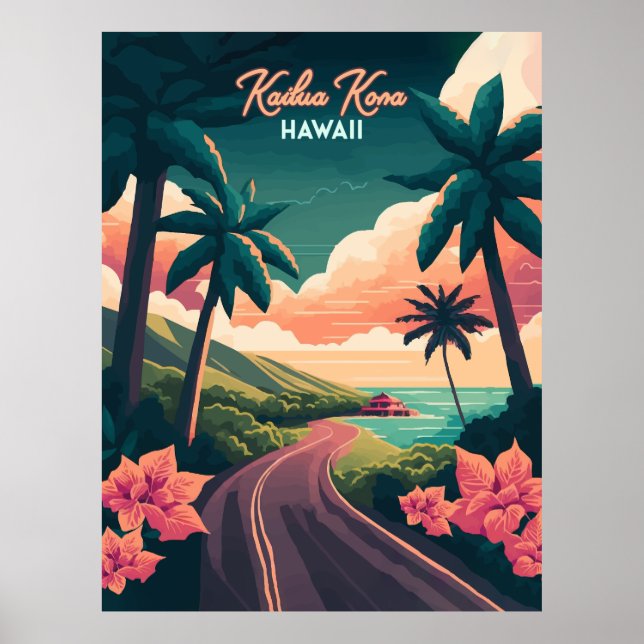 Poster Kailua Kona Hawaii Big Island Sunset Retro (Devant)